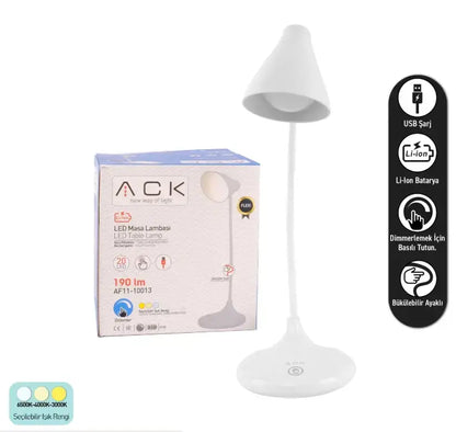 ACK AF11-10013 Şarjlı Dokunmatik LED Masa Lambası | 3 Işık Modu & Dimlenebilir