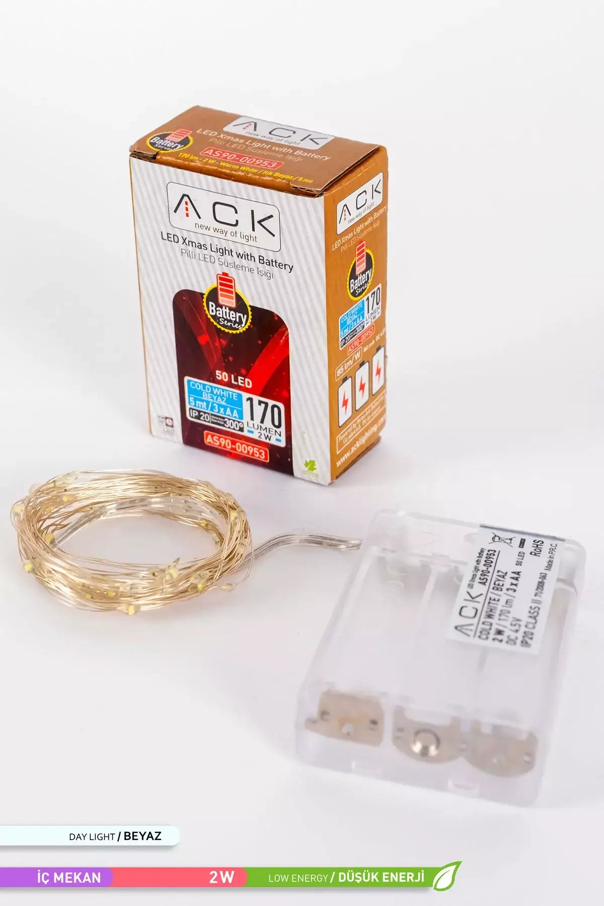 ACK AS90-00953 5 m 50 LED Pilli Süsleme Işığı – 6500K Soğuk Beyaz